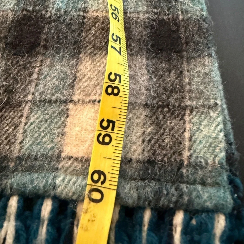 Vintage Plaid Fringe Scarf Blue Gray Cream Wool Blend Winter Accessory